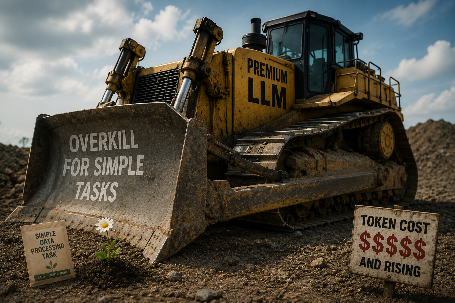 Metaphorical depiction comparing overkill brute-force tools to practical precision engineering.