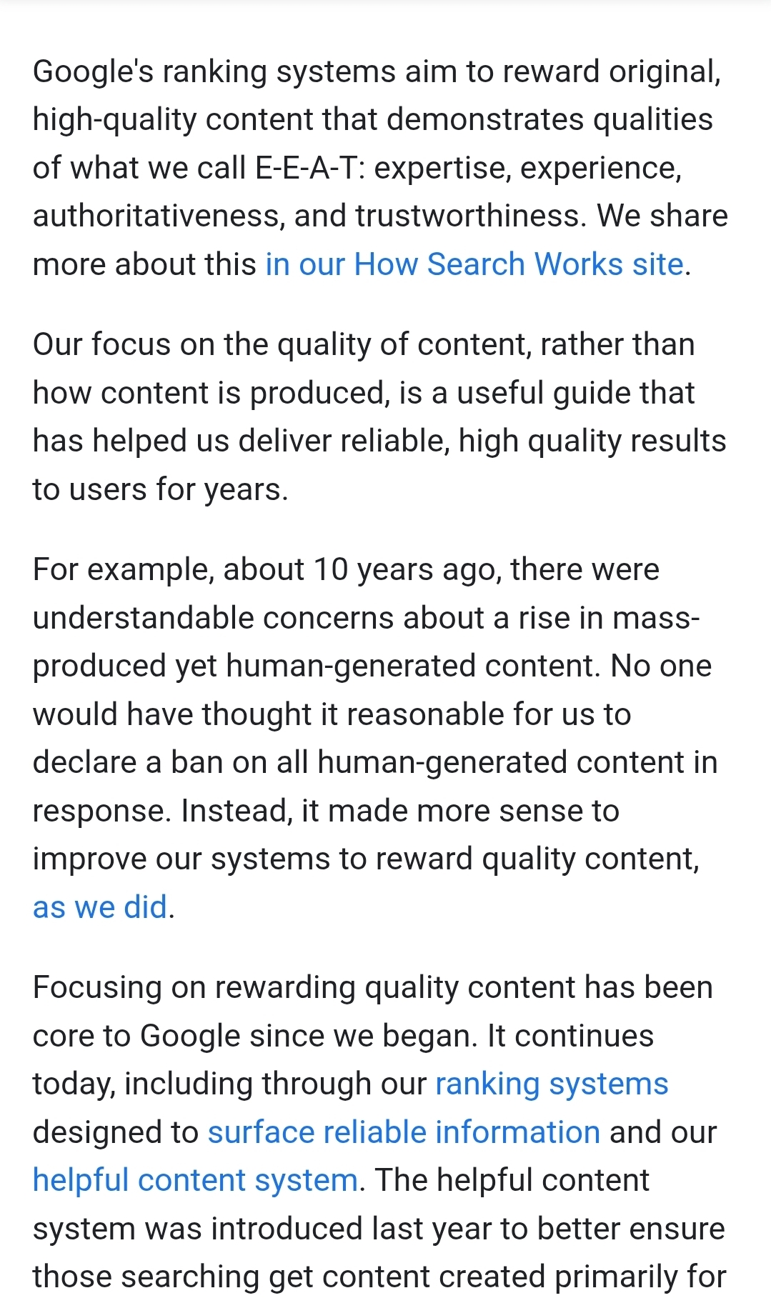 Google Search Guidance screenshot detailing policy on AI-generated content focusing on quality over generation method.