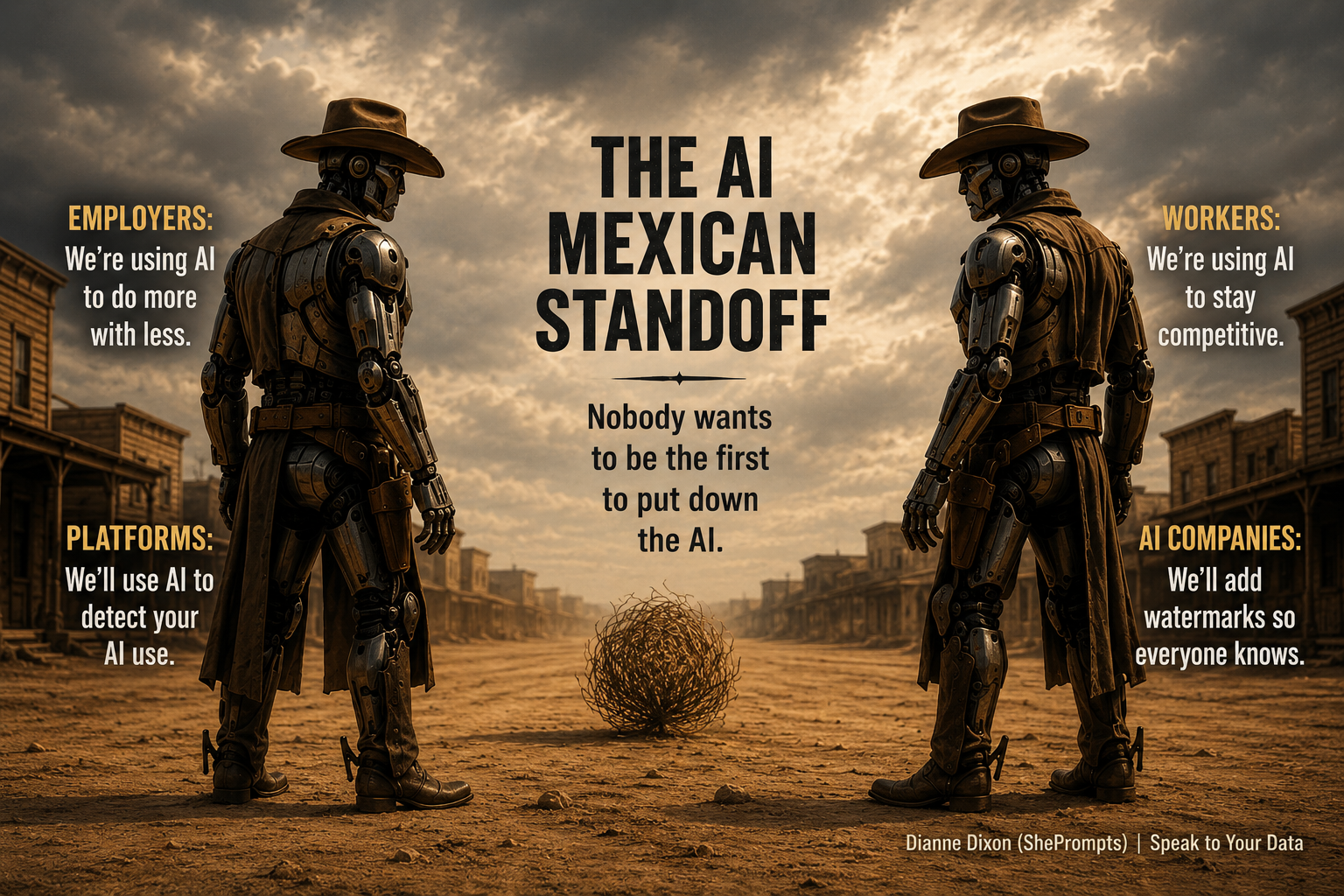 A cinematic visualization of the AI Mexican Standoff between employers, workers, platforms, and detection algorithms.