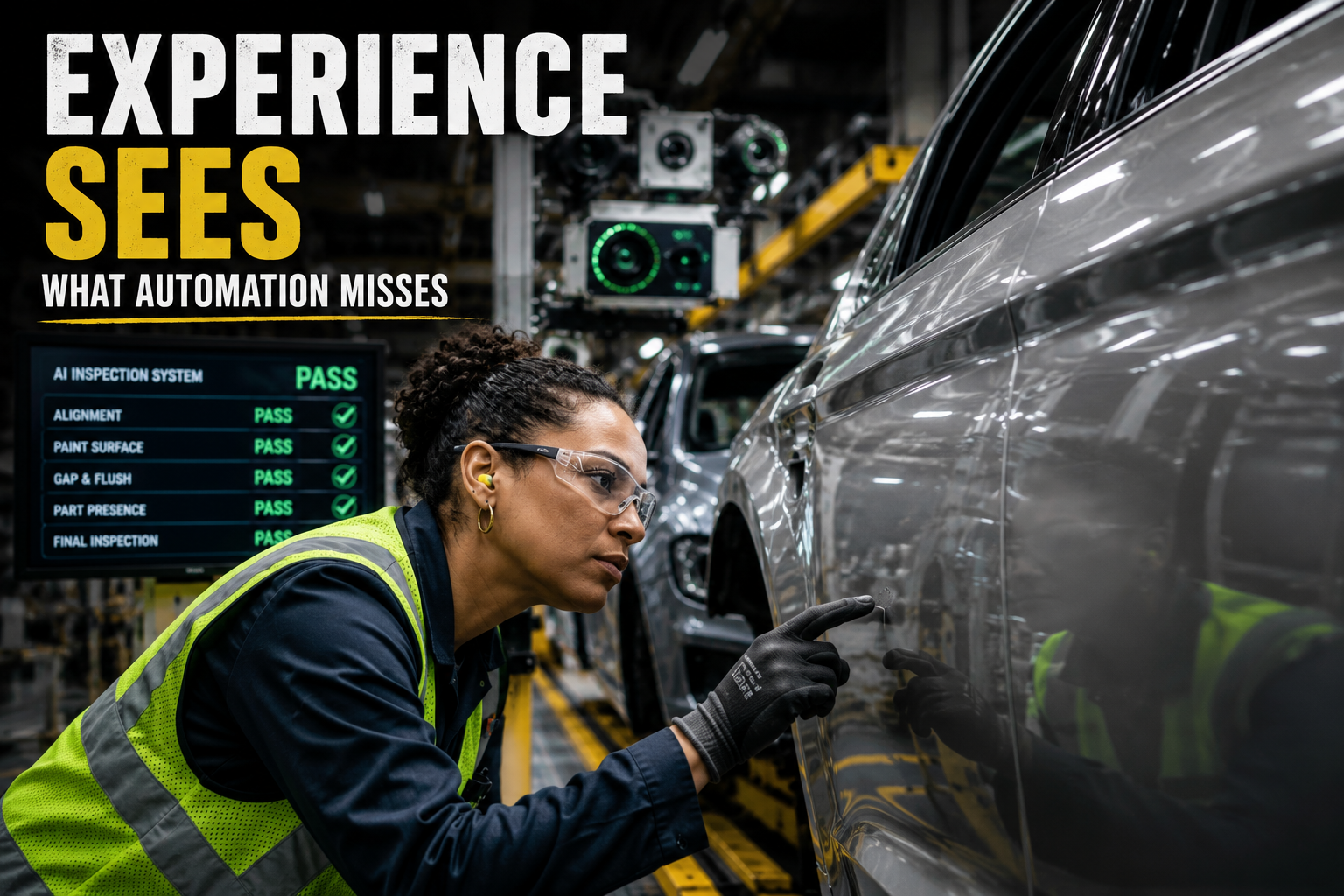 A conceptual graphic of automotive manufacturing blending human oversight with artificial intelligence systems.