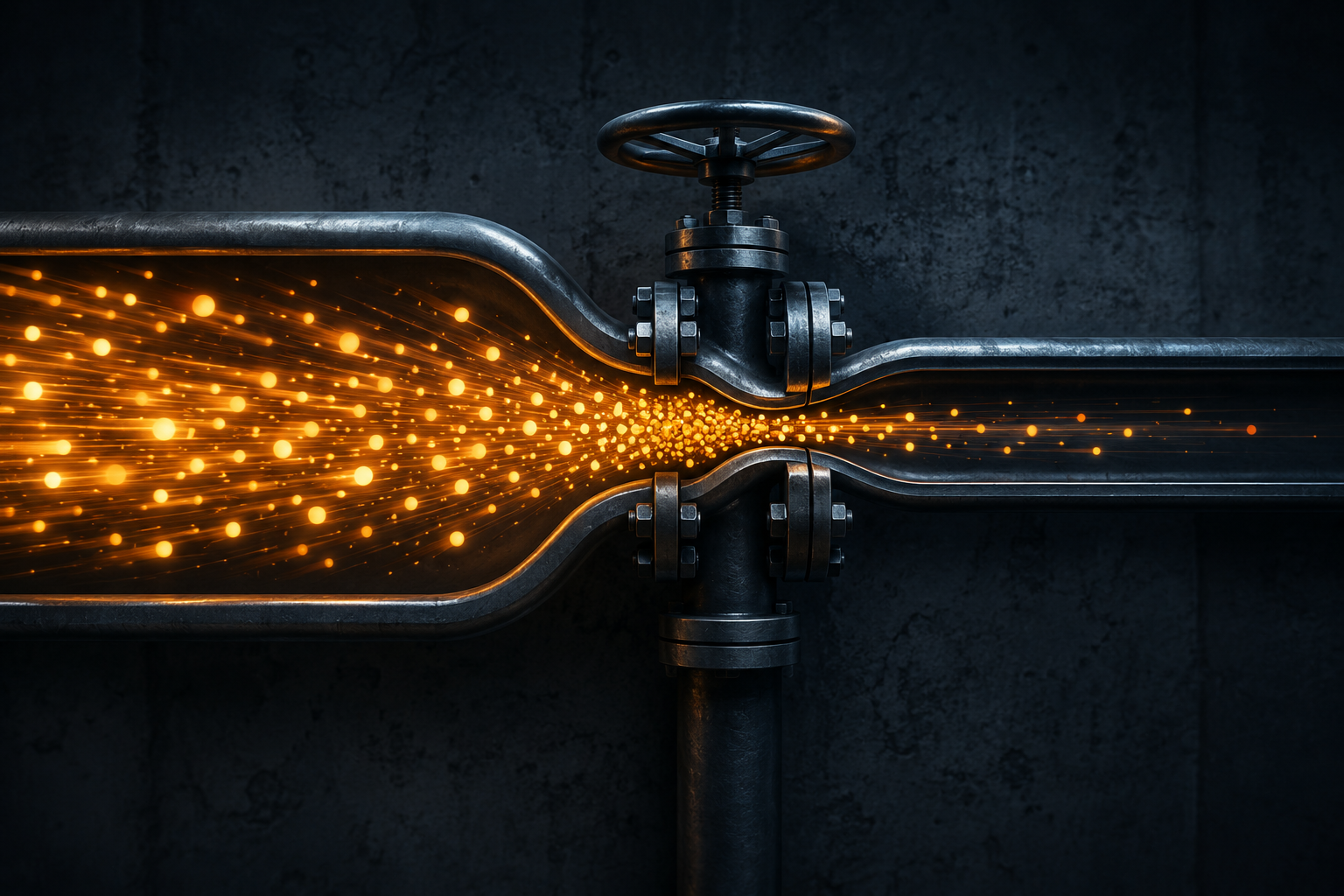 A visual metaphor of a severe pipe bottleneck, showing heavy flow being restricted to a trickle.