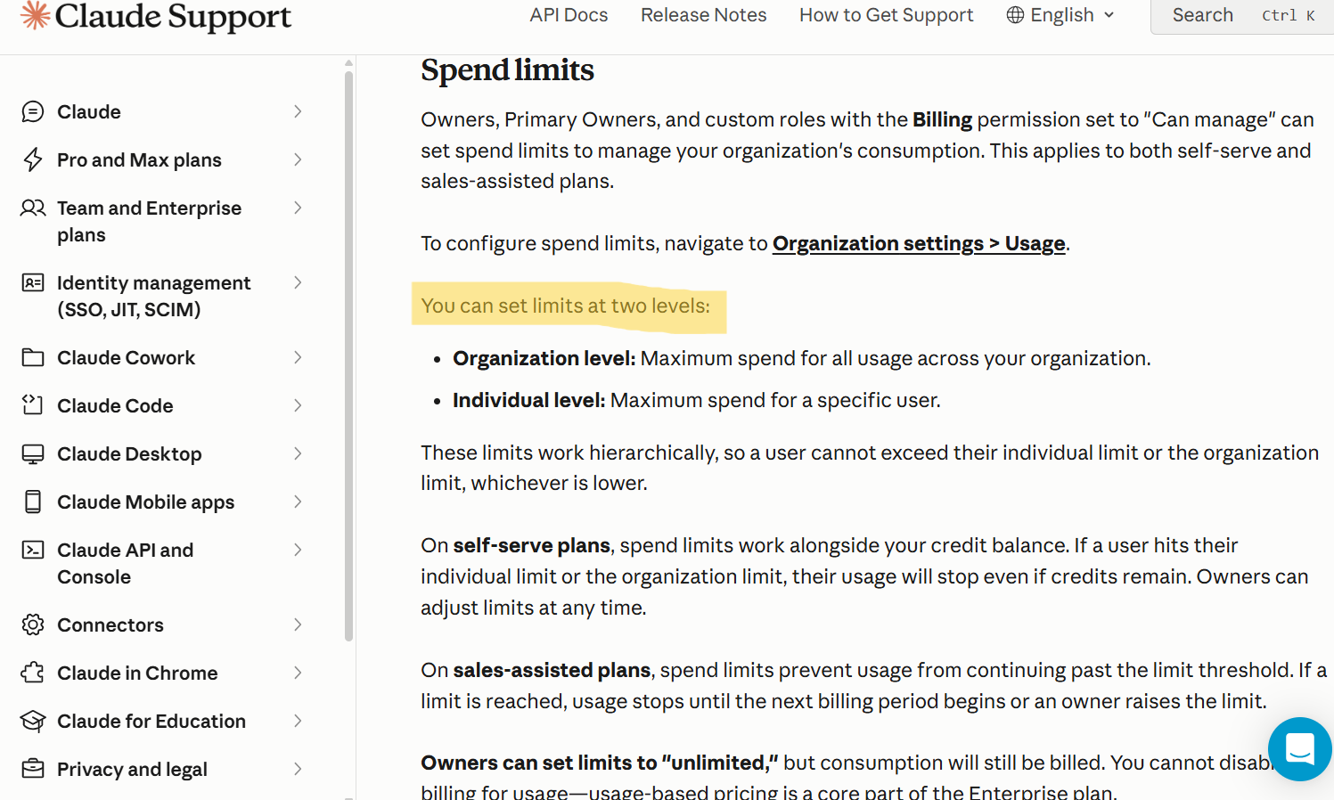 Anthropic spend limits interface showing enterprise ceiling and user caps.