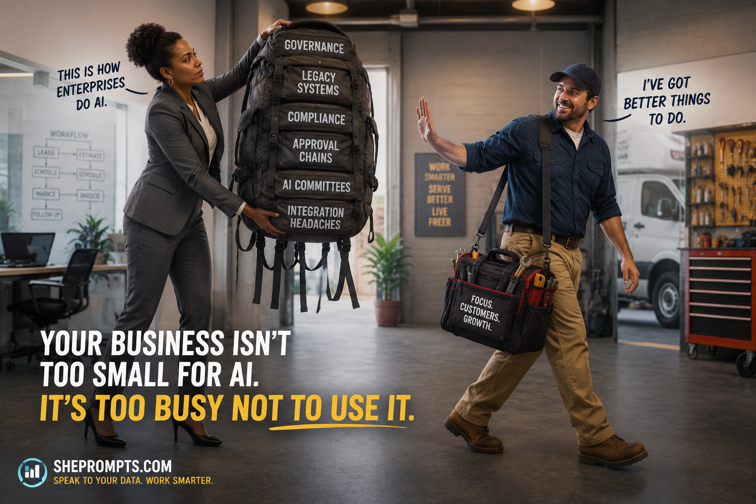 A small business owner using AI tools to streamline daily operations.
