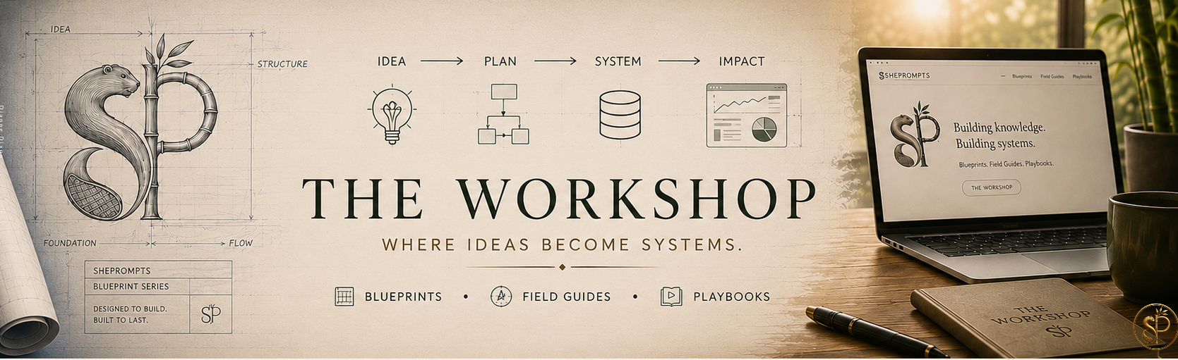 An architect's drafting table lit by morning light. It features a blueprint of the ShePrompts logo, technical system flowcharts, a laptop, and an open notebook with handwritten text reading: Ideas are easy. Systems endure.