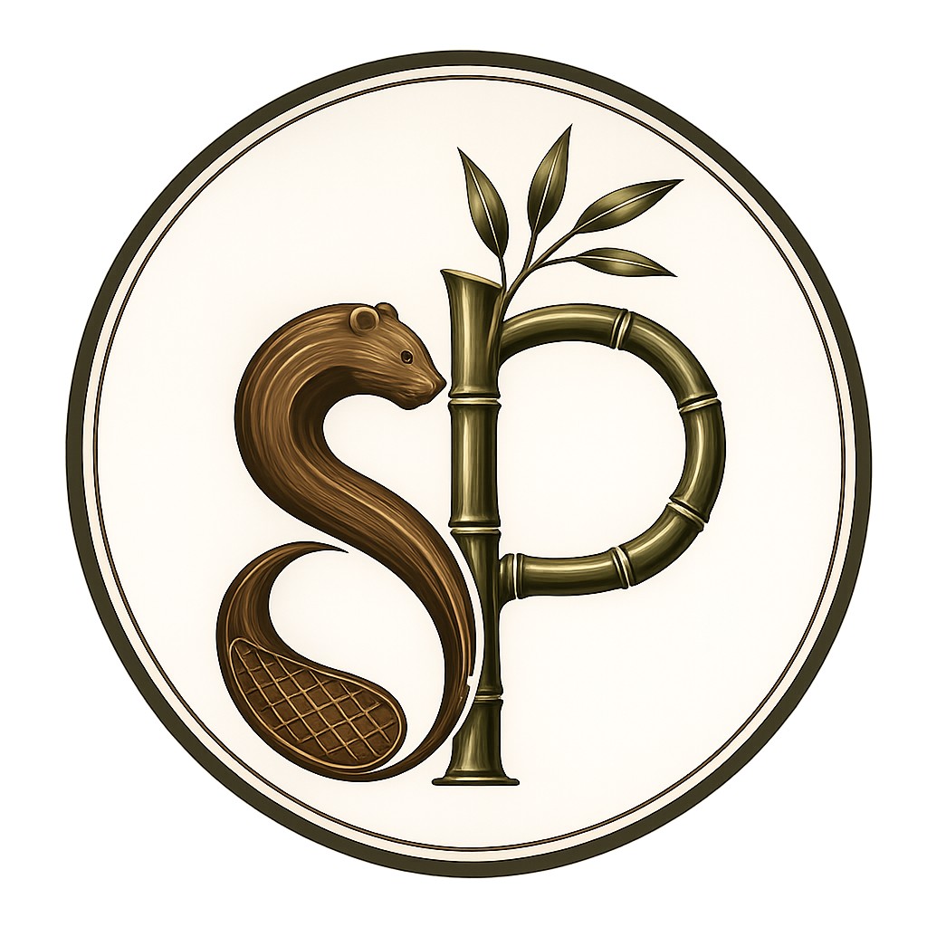 ShePrompts Workshop Logo: A carved wood beaver and bamboo stalk forming the letters S and P.